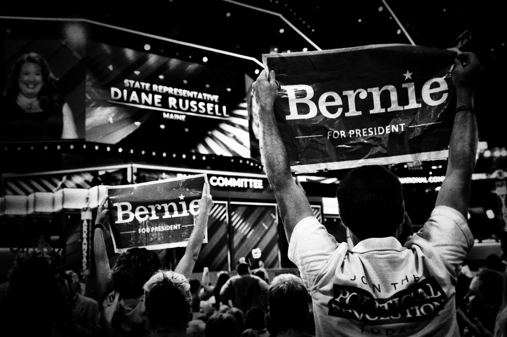 Delegates for Senator Bernie Sanders show their support at the Democratic National Convention in Philadelphia, July 25, 2016. (Photo by Mark Peterson/Redux for MSNBC)