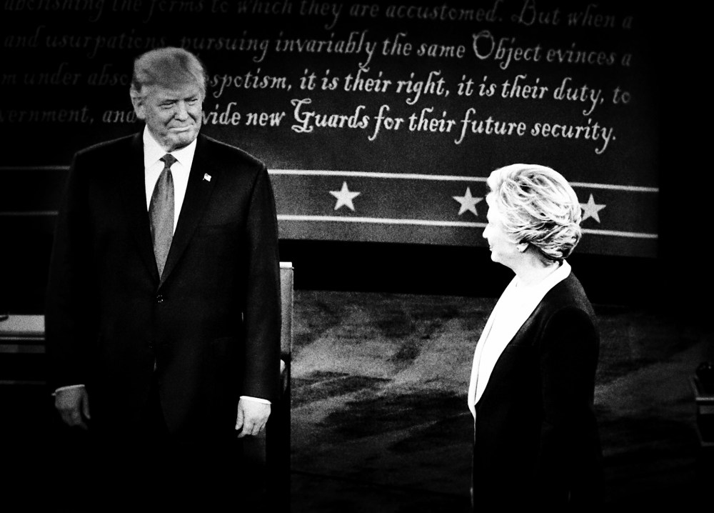 Presidential candidates Hillary Clinton and Donald Trump take the stage and begin the second presidential debate without shaking hands, Oct. 9, 2016. (Photo by Mark Peterson/Redux for MSNBC)