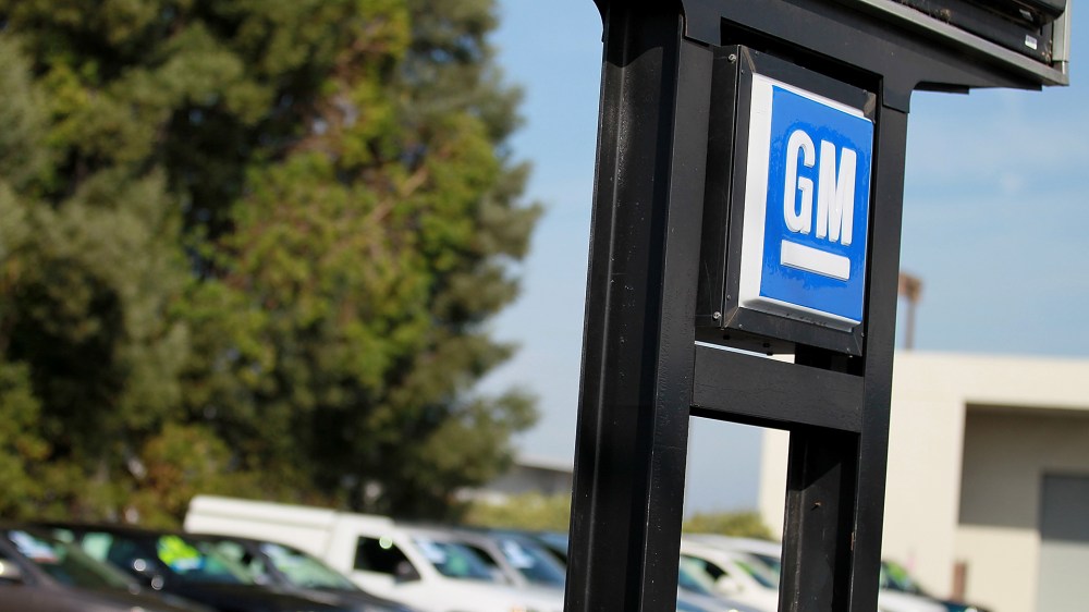 The General Motors logo is displayed. (Photo by Justin Sullivan/Getty)