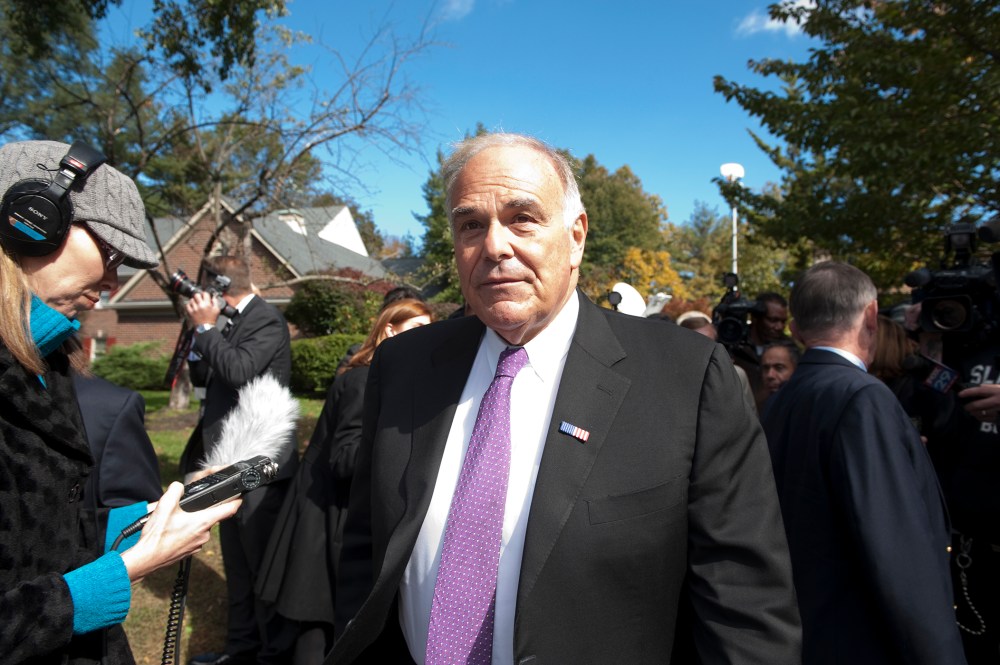 Edward Rendell the former Governor of Pennsylvania talks with the media at the funeral of former senator, Oct. 16, 2012. (Photo By Douglas Graham/CQ Roll Call/Getty)