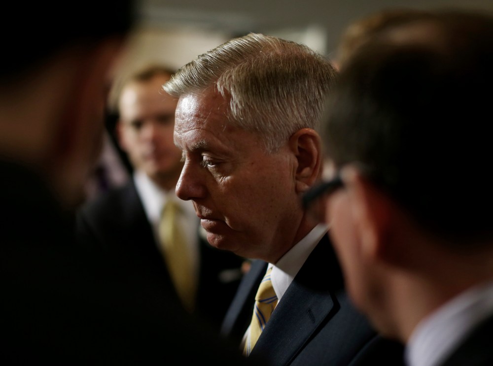 Sen. Lindsey Graham (R-SC) talks to the media about letter sent to Iran, at the US Capitol, March 10, 2015 in Washington, DC. (Photo by Mark Wilson/Getty)