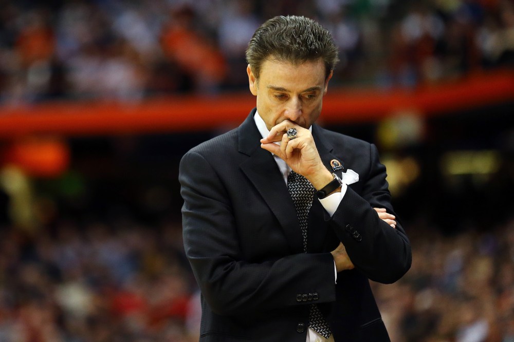 Head coach Rick Pitino of the Louisville Cardinals reacts in the first half of a game during the 2015 NCAA Men's Basketball Tournament on March 27, 2015 in Syracuse, N.Y. (Photo by Maddie Meyer/Getty)