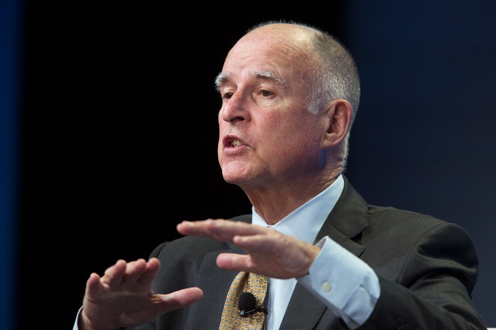 California governor Jerry Brown talks about new efforts to cope with climate change during a panel discussion at the 18th annual Milken Institute Global Conference on April 29, 2015 in Beverly Hills, Calif. (Photo by David McNew/Getty)