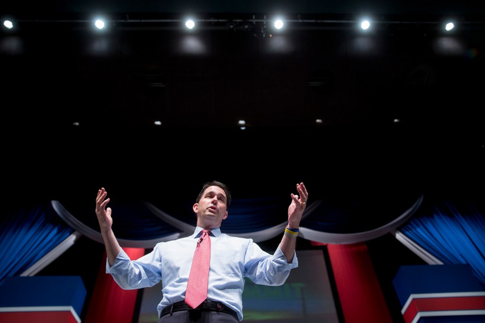 Wisconsin Governor Scott Walker speaks during the South Carolina Freedom Summit hosted by Citizens United and Congressman Jeff Duncan in Greenville, S.C., May 9, 2015. (Photo by Andrew Harrer/Bloomberg/Getty)