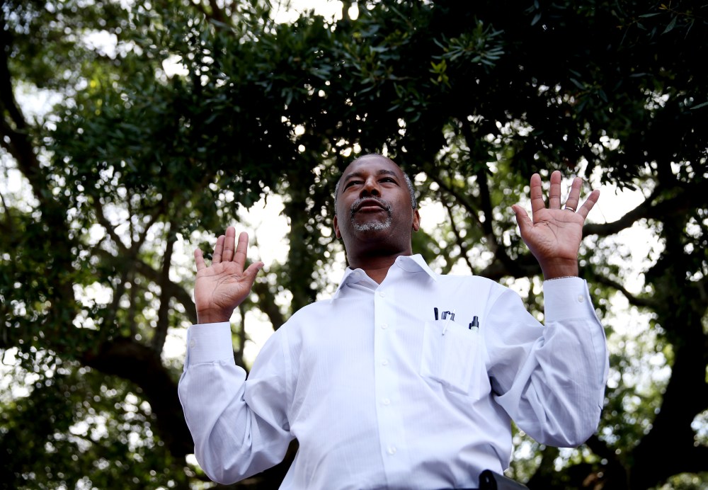 Republican presidential hopeful Ben Carson speaks during a campaign stop at the Mount Pleasant Farmers Market, May 26, 2015 in Mt Pleasant, S.C. (Photo by Joe Raedle/Getty)