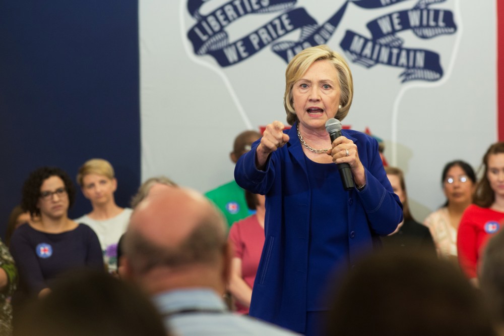 Former Secretary of State and presidential candidate Hillary Clinton addresses supporters at an organizational rally on July 7, 2015 at the Iowa City Public Library in Iowa City, Iowa. (Photo by David Greedy/Getty)