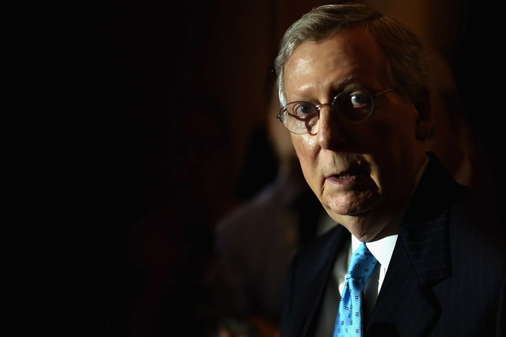 WASHINGTON, DC - AUGUST 04: Senate Majority Leader Mitch McConnell (R-KY) talks with reporters reporters after the weekly Senate Republican policy luncheon at the U.S. Capitol August 4, 2015 in Washington, DC. (Photo by Chip Somodevilla/Getty)