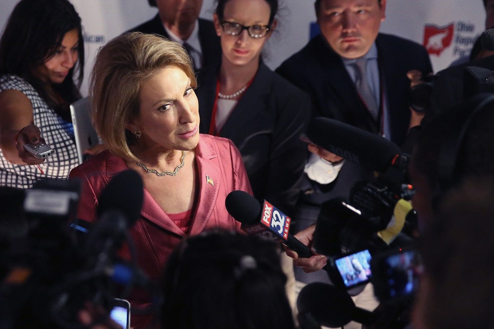 Republican presidential candidate Carly Fiorina fields questions from the press following the “happy hour” debate hosted by Fox News at the Quicken Loans Arena August 6, 2015 in Cleveland, OH. (Photo by Scott Olson/Getty)