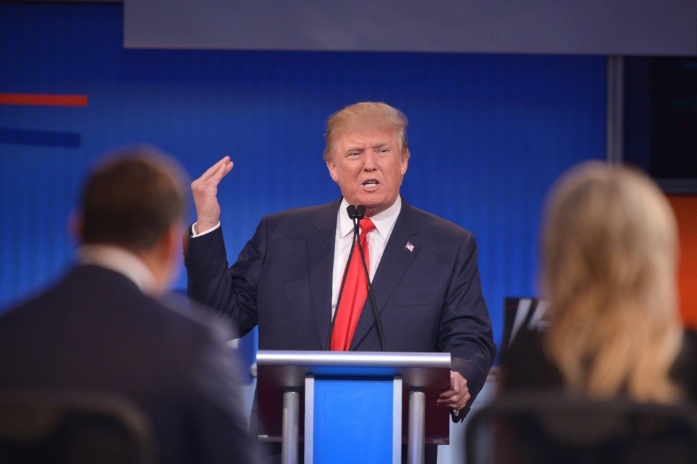 Donald Trump delivers his closing statement during the prime time Republican presidential primary debate on August 6, 2015. (Photo by Mandel Ngan/AFP/Getty)