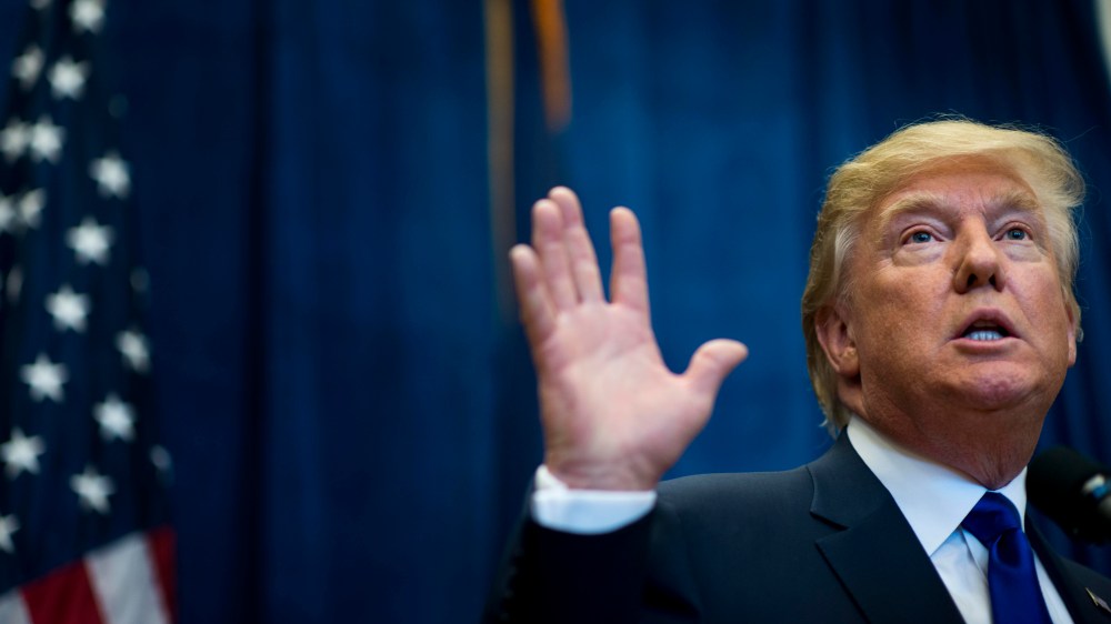 Donald Trump speaks to media at a press conference before a town hall meeting in Derry, N.H., August 19, 2015. (Photo by Melina Mara/The Washington Post/Getty)