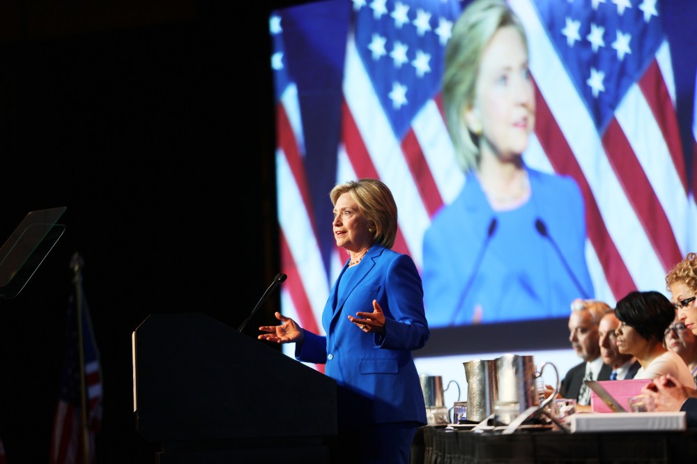 Democratic Presidential candidate Hillary Clinton speaks at the Democratic National Committee summer meeting on August 28, 2015 in Minneapolis, Minnesota. (Photo by Adam Bettcher/Getty)