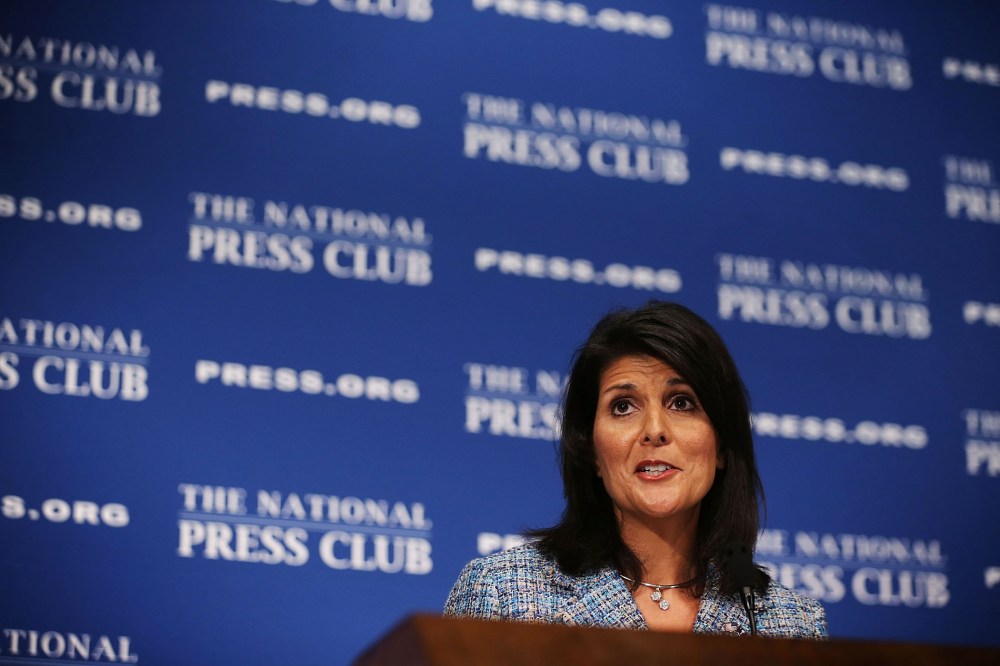 South Carolina Governor Nikki Haley addresses a Newsmaker Luncheon at the National Press Club September 2, 2015 in Washington, DC. (Photo by Alex Wong/Getty)