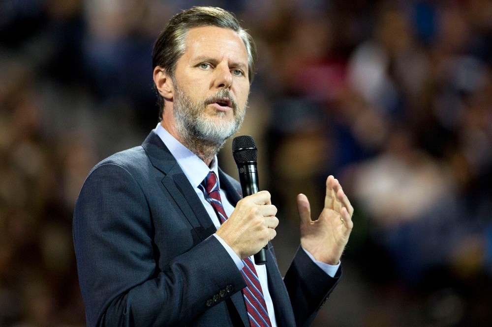 Jerry Falwell Jr., president of Liberty University speaks during a Liberty University Convocation in Lynchburg, Va., on Sept. 14, 2015. (Photo by Andrew Harrer/Bloomberg/Getty)