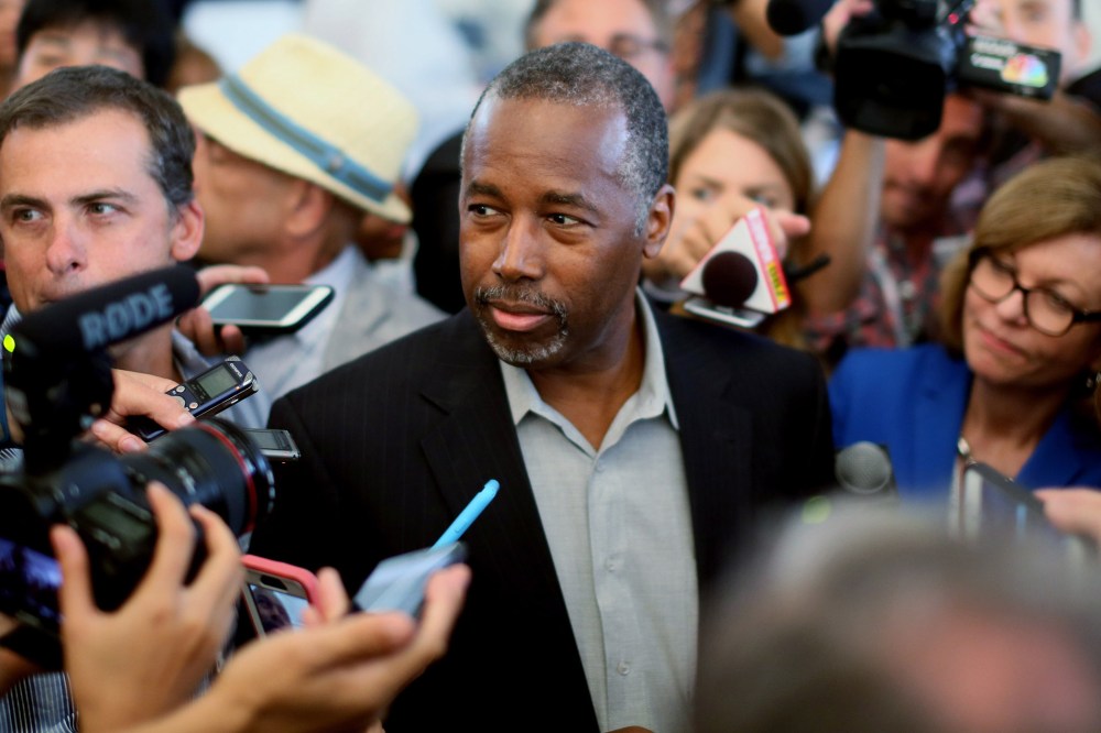 Republican candidate Ben Carson speaks to reporters before the start of the Republican Presidential Debates at the Reagan Library on Sept. 16, 2015 in Simi Valley, Calif. (Photo by Sandy Huffaker/Getty)