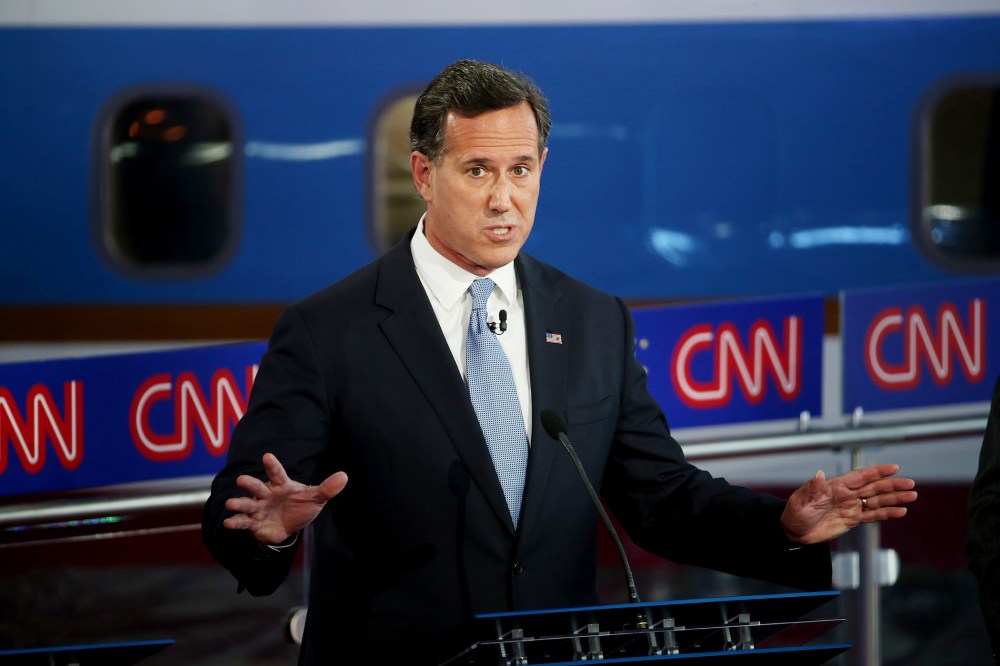Republican presidential candidate Rick Santorum take part in the presidential debates at the Reagan Library on Sept. 16, 2015 in Simi Valley, Calif. (Photo by Justin Sullivan/Getty)