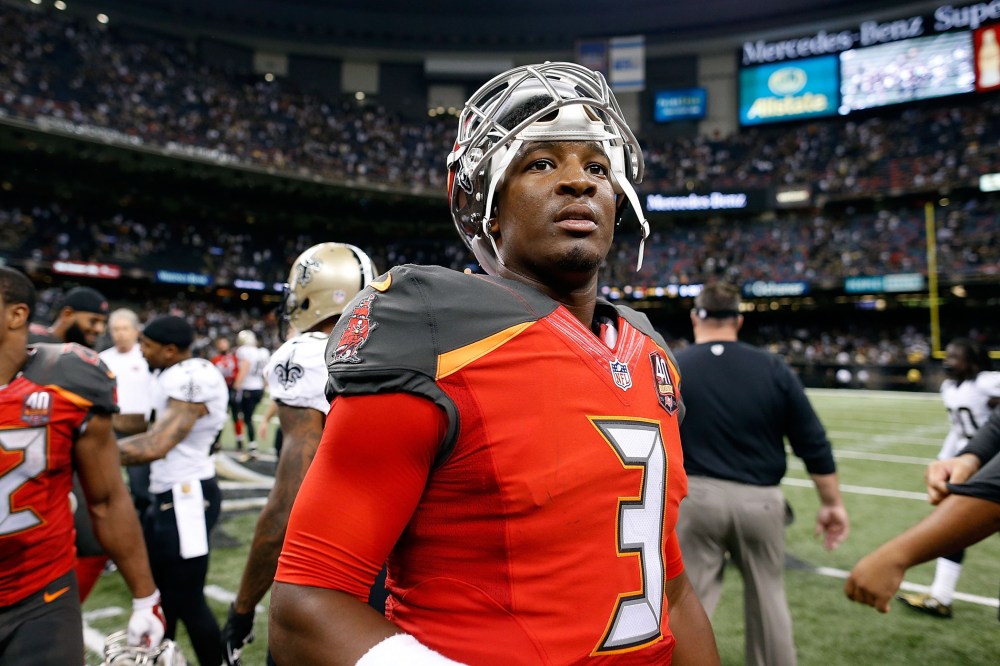 Jameis Winston #3 of the Tampa Bay Buccaneers leaves the field following a victory over the New Orleans Saints on Sept. 20, 2015 in New Orleans, La. (Photo by Wesley Hitt/Getty)