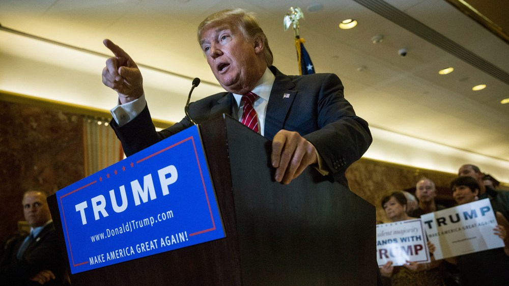 Republican presidential candidate Donald Trump gives a speech outlining his vision for tax reform at his skyscraper on Fifth Avenue on Sept. 28, 2015 in New York City. (Photo by Andrew Burton/Getty)