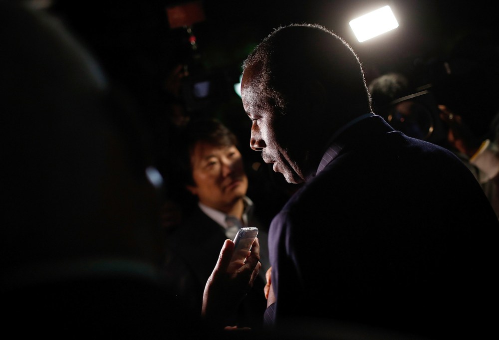 Republican presidential candidate Dr. Ben Carson answers questions from members of the press, Oct. 16, 2015 in Alexandria, Va. (Photo by Win McNamee/Getty)
