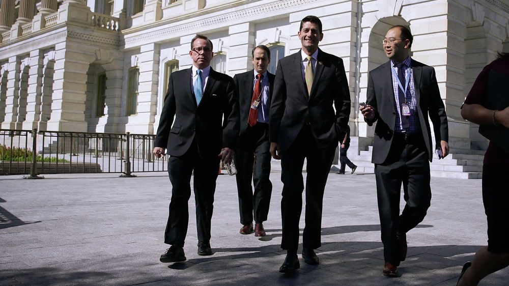 U.S. Rep. Paul Ryan (R-WI) is followed by members of the media as he leaves after a meeting with Republican Study Committee, Oct. 20, 2015 at the Capitol in Washington, DC. (Photo by Alex Wong/Getty)