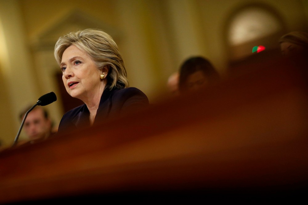 Democratic presidential candidate and former Secretary of State Hillary Clinton testifies during a House Select Committee on Benghazi hearing in Washington, D.C., on Oct. 22, 2015. (Photo by Andrew Harrer/Bloomberg/Getty)