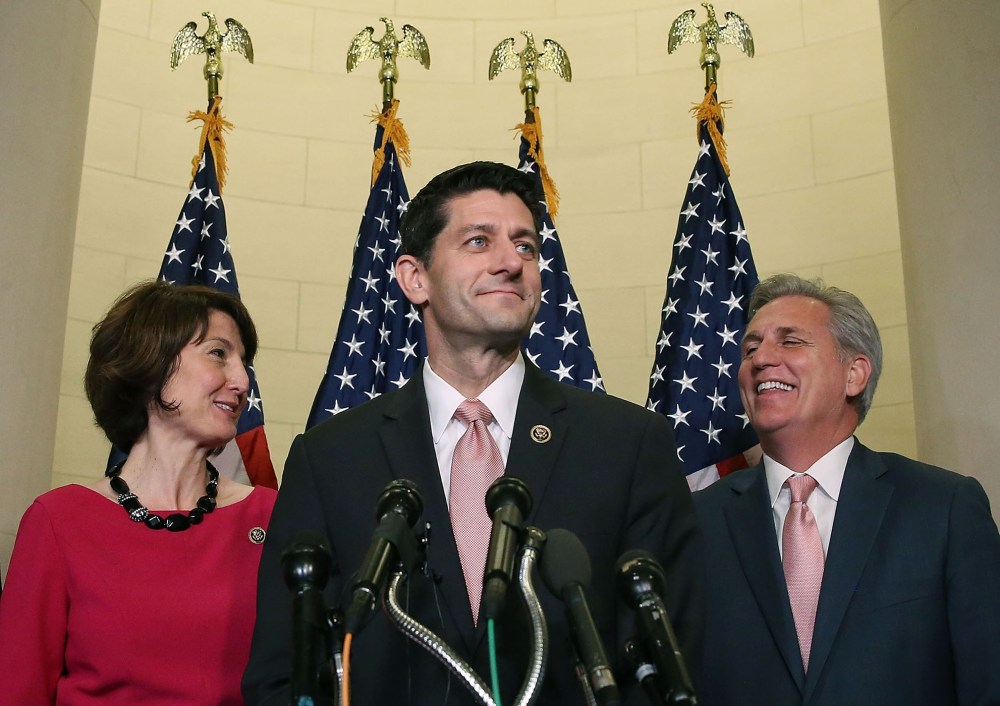Rep. Paul Ryan speaks to media while flanked by House Majority Leader Kevin McCarthy and Chairman of the House Republican Conference Rep. Cathy McMorris Rodgers after being nominated for Speaker of the House, Oct. 28, 2015. (Photo by Mark Wilson/Getty)