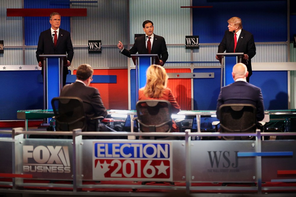 Republican presidential candidates speak during the Republican Presidential Debate sponsored by Fox Business and the Wall Street Journal at the Milwaukee Theatre on Nov. 10, 2015 in Milwaukee, Wis. (Photo by Scott Olson/Getty)