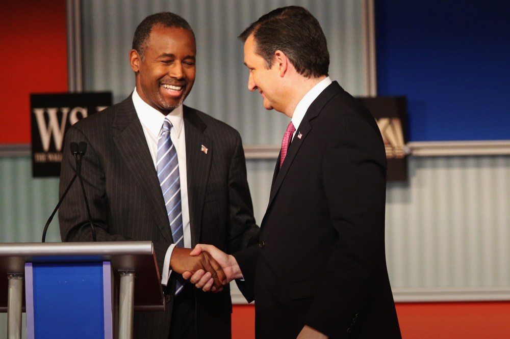 Presidential candidate Ben Carsonshakes hands with Sen. Ted Cruz, after a Republican Presidential Debate on Nov. 10, 2015 in Milwaukee, Wis. (Photo by Scott Olson/Getty)