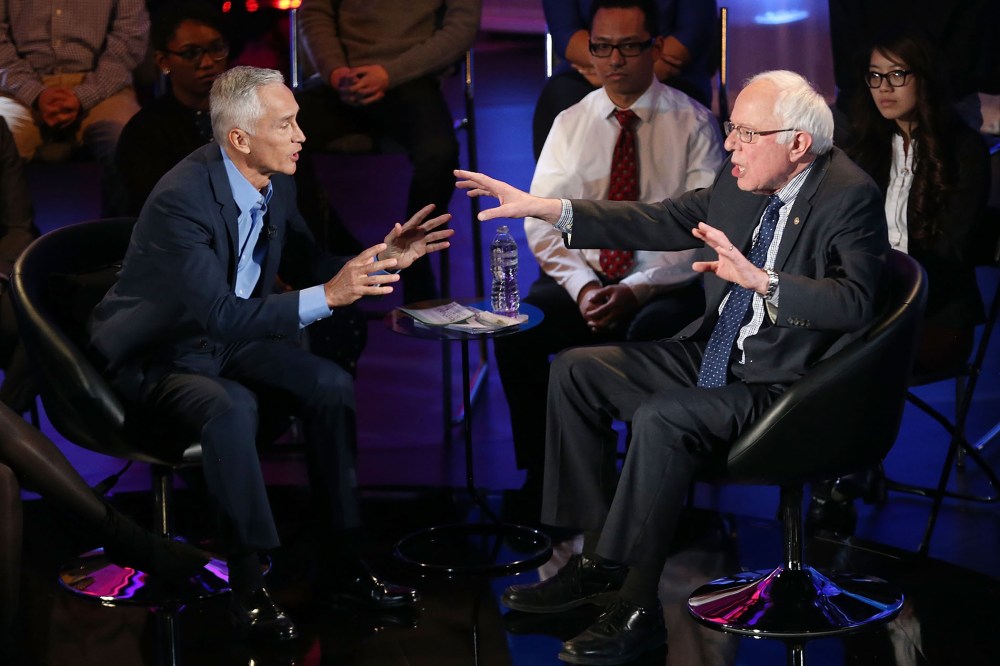 Democratic presidential candidate U.S. Sen. Bernie Sanders (I-VT) speaks with moderator Jorge Ramos during the the Iowa Brown and Black Forum on Jan. 11, 2016 in Des Moines, Iowa. (Photo by Joe Raedle/Getty)
