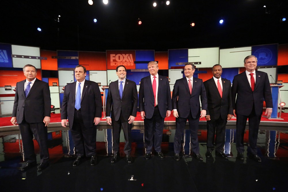 Republican presidential candidates line up before the sixth Republican presidential debate at the North Charleston Coliseum and Performing Arts Center in S.C., Jan. 14, 2016. (Photo by Andrew Burton/Getty)