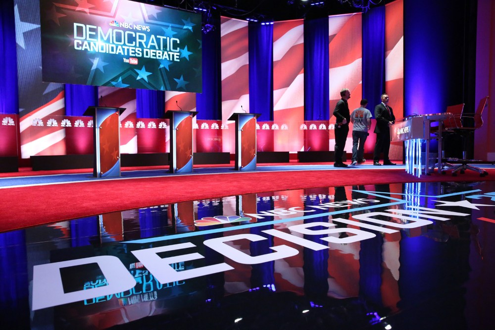 The stage at the Gaillard Center is prepared for tonight's Democratic debate, Jan. 17, 2016 in Charleston, S.C. (Photo by Andrew Burton/Getty)