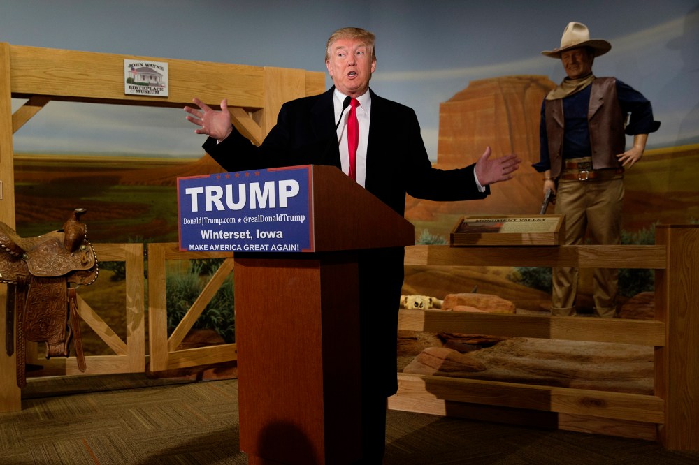 Republican presidential candidate Donald Trump speaks at the John Wayne Birthplace Museum on Jan. 19, 2016 in Winterset, Iowa. (Photo by Aaron P. Bernstein/Getty)