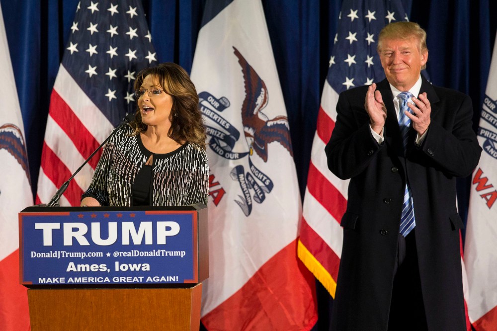 Former Alaska Gov. Sarah Palin speaks as she endorses Republican presidential candidate Donald Trump at a campaign stop, Jan. 19, 2016, in Ames, Ia. (Photo By Al Drago/CQ Roll Call/Getty)