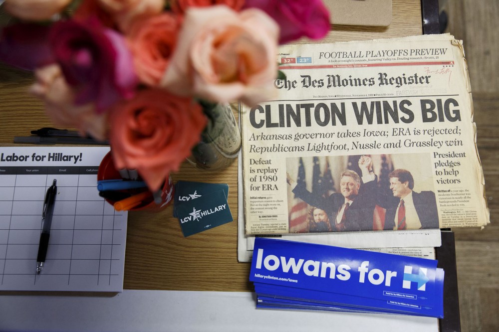 A 1992 Des Moines Register newspaper President Bill Clinton's win is displayed during an event in support of Hillary Clinton at the Clinton campaign office in Ames, Ia., Jan. 26, 2016. (Photo by Patrick T. Fallon/Bloomberg/Getty)
