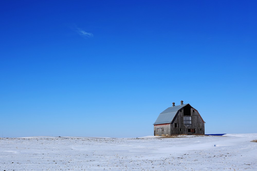 A traditional barn adorns the snow covered vast grand plains of Iowa on Jan. 29, 2016 in Carrol County, Iowa. (Photo by Christopher Furlong/Getty)