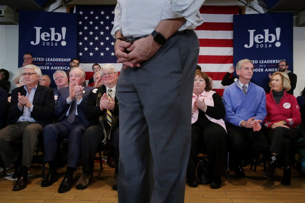 Supporters applaud for Republican presidential candidate Jeb Bush during a campaign town hall meeting at the Alpine Club Feb. 1, 2016 in Manchester, N.H. (Photo by Chip Somodevilla/Getty)