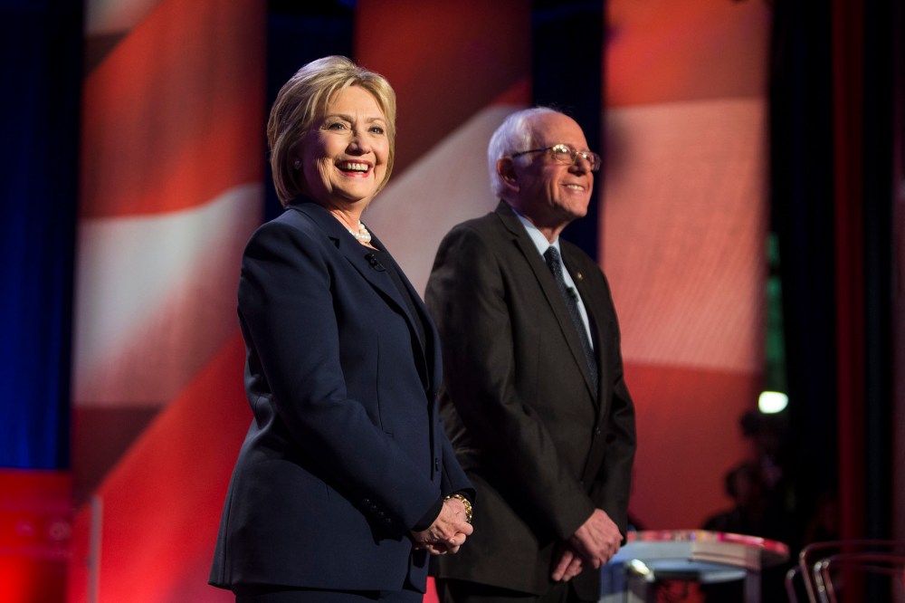 Hillary Clinton and Bernie Sanders appear during the "MSNBC Democratic Candidates Debate" on Feb. 4, 2016 at the University of New Hampshire at Durham in Durham, N.H. (Photo by Scott Eisen/MSNBC/NBCU Photo Bank/Getty)