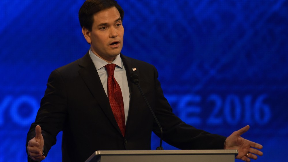 Republican presidential candidate Marco Rubio speaks during the Republican Presidential Candidates Debate, Feb. 6, 2016 at St. Anselm's College Institute of Politics in Manchester, N.H. (Photo by Jewel Samad/AFP/Getty)