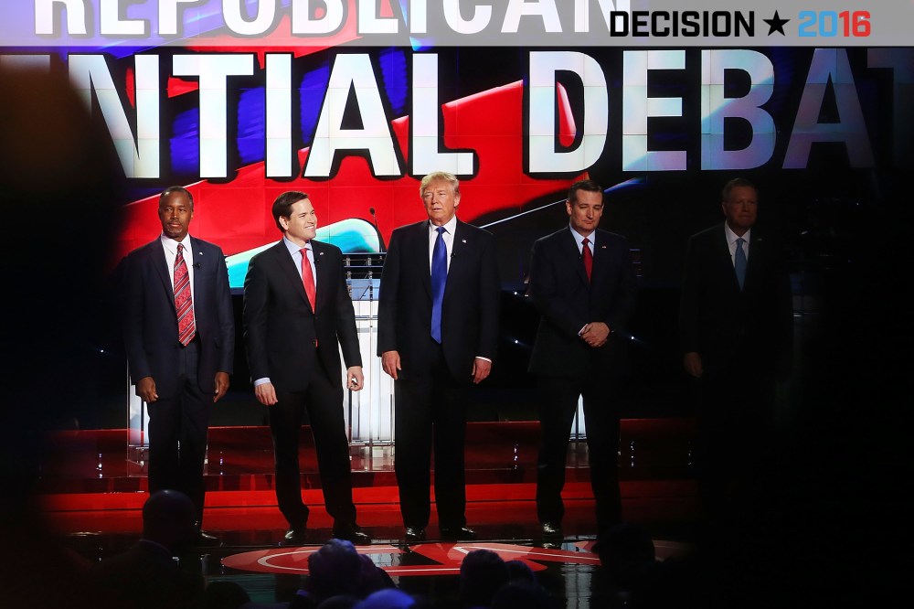 Republican presidential candidates stand on stage for the Republican Presidential Primary Debate on Feb. 25, 2016 in Houston, Texas. (Photo by Joe Raedle/Getty)