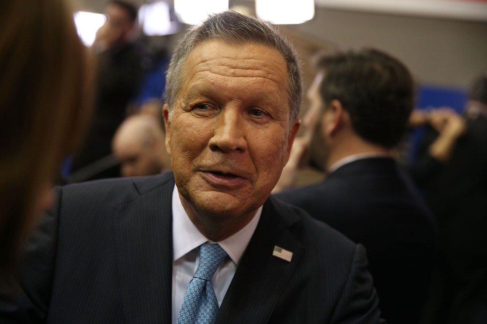 Republican presidential candidate Ohio Gov. John Kasich speaks to the media in the spin room at the Republican National Committee Presidential Primary Debate, Feb. 25, 2016 in Houston, Texas. (Photo by Joe Raedle/Getty)