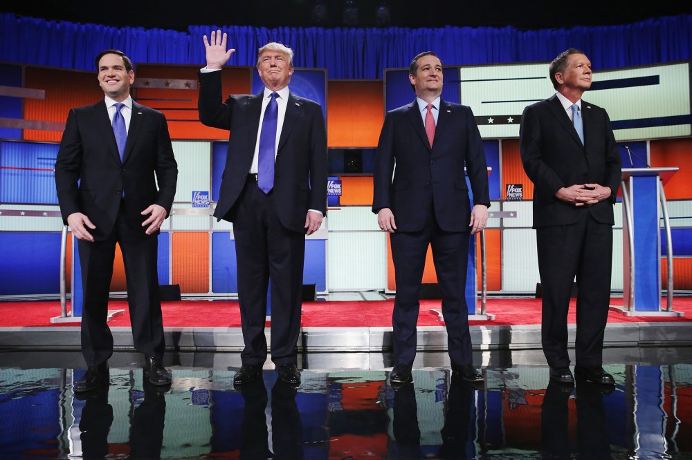 Republican presidential candidates pose before a debate sponsored by Fox News on March 3, 2016 in Detroit, Mich. (Photo by Chip Somodevilla/Getty)