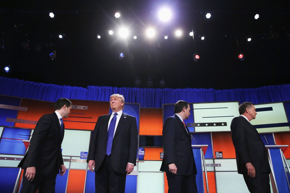 Republican presidential candidates (Lto R) Sen. Marco Rubio (R-FL), Donald Trump, Sen. Ted Cruz (R-TX), and Ohio Gov. John Kasich, participate in a debate sponsored by Fox News on March 3, 2016 in Detroit, Mich. (Photo by Chip Somodevilla/Getty)