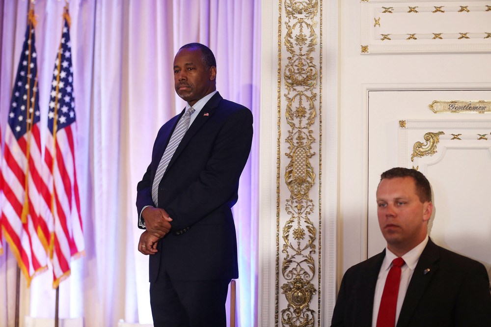 Former Republican presidential candidate Ben Carson gives his endorsement to Republican presidential candidate Donald Trump during a press conference at the Mar-A-Lago Club on March 11, 2016 in Palm Beach, Fl. (Photo by Joe Raedle/Getty)