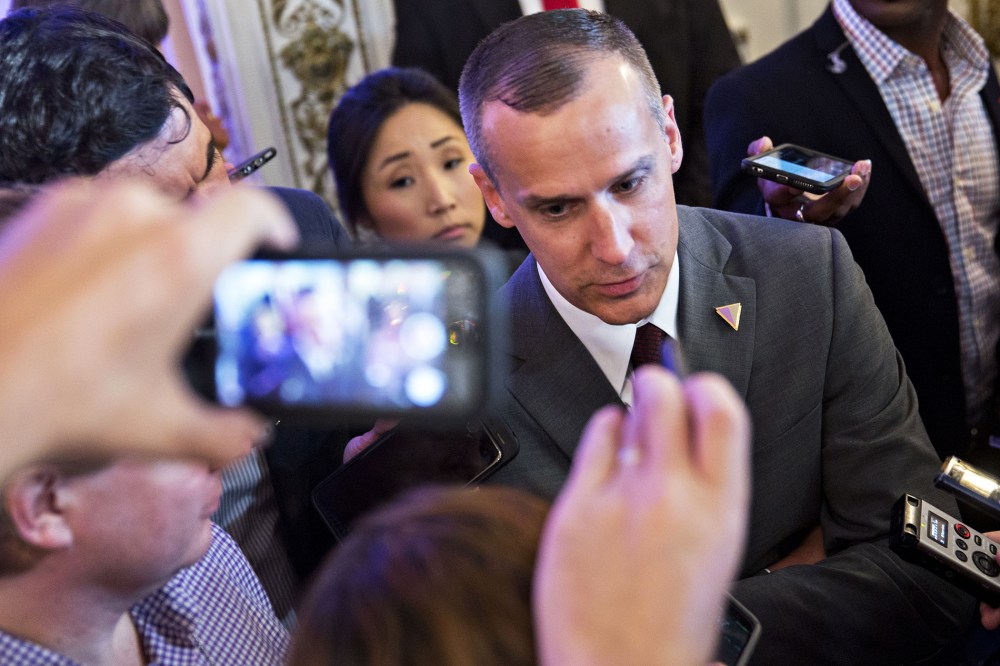 Corey Lewandowski, campaign manager for 2016 Republican presidential candidate Donald Trump, speaks to members of the media before a news conference in Palm Beach, Fla., on March 11, 2016. (Photo by Andrew Harrer/Bloomberg/Getty)