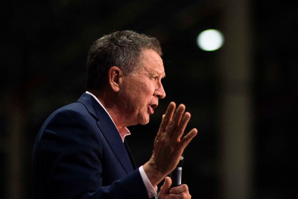 Ohio Republican Governor and presidential candidate John Kasich speaks at a Campaign Town Hall at Fuyao Glass America Inc. on March 11, 2016 in Moraine, Ohio. (Photo by Ty Wright/Getty)