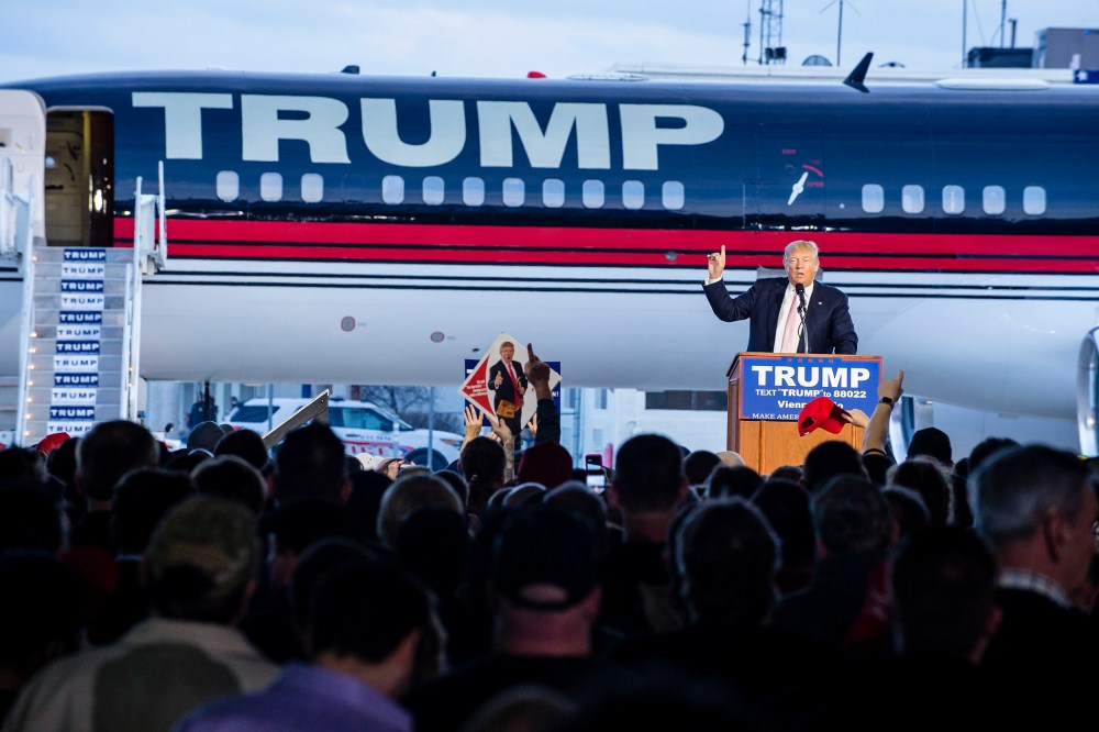 Republican presidential candidate Donald Trump speaks to supporters at Youngstown Airport on March 14, 2016 in Vienna, Ohio. (Photo by Angelo Merendino/Getty)