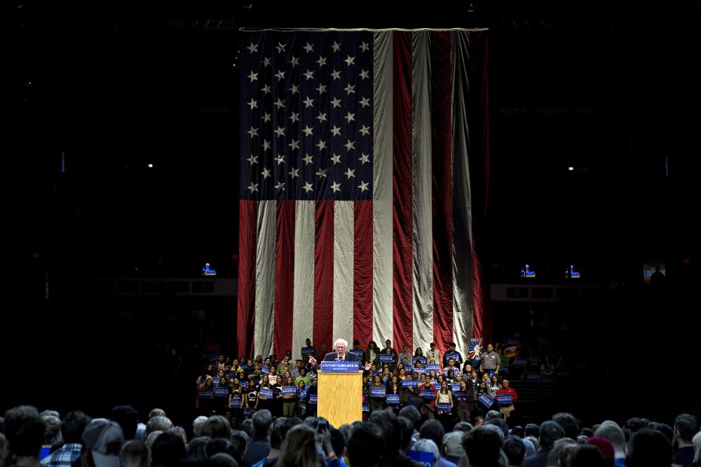 Senator Bernie Sanders, an independent from Vermont and 2016 Democratic presidential candidate, speaks during a campaign event in Madison, Wis., April 3, 2016. (Photo by Daniel Acker/Bloomberg/Getty)