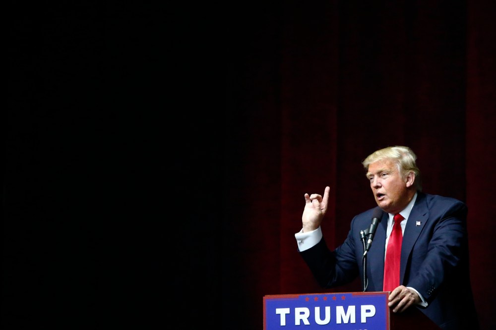Republican presidential candidate Donald Trump addresses a rally in Bethpage, Long Island, N.Y., on April 6, 2016. (Photo by Kena Betancur/AFP/Getty)