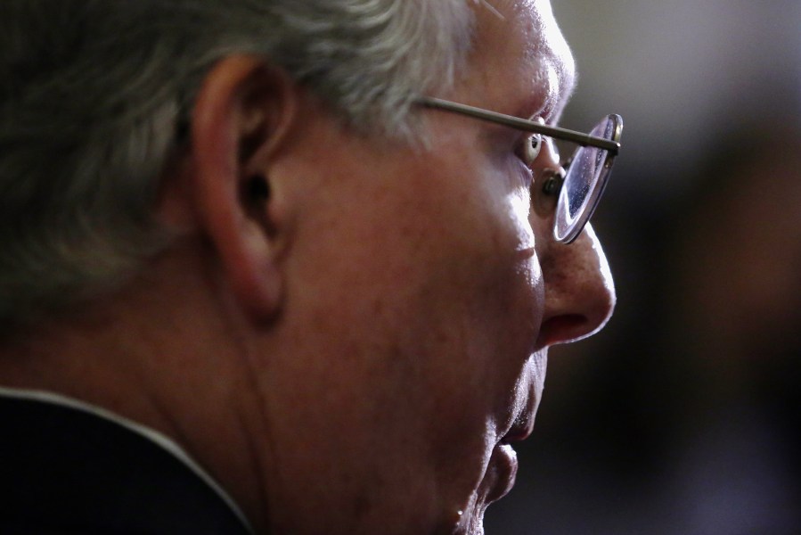 Senate Majority Leader Mitch McConnell (R-KY) and Republican leadership speak to reporters following their weekly policy luncheon at the Capitol April 12, 2016 in Washington, DC. (Photo by Chip Somodevilla/Getty)