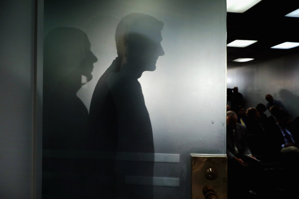 Speaker of the House Paul Ryan (R-WI) casts his shadow on a glass door as he arrives for a news conference following the weekly House Republican conference at the U.S. Capitol April 13, 2016 in Washington, DC. (Photo by Chip Somodevilla/Getty)