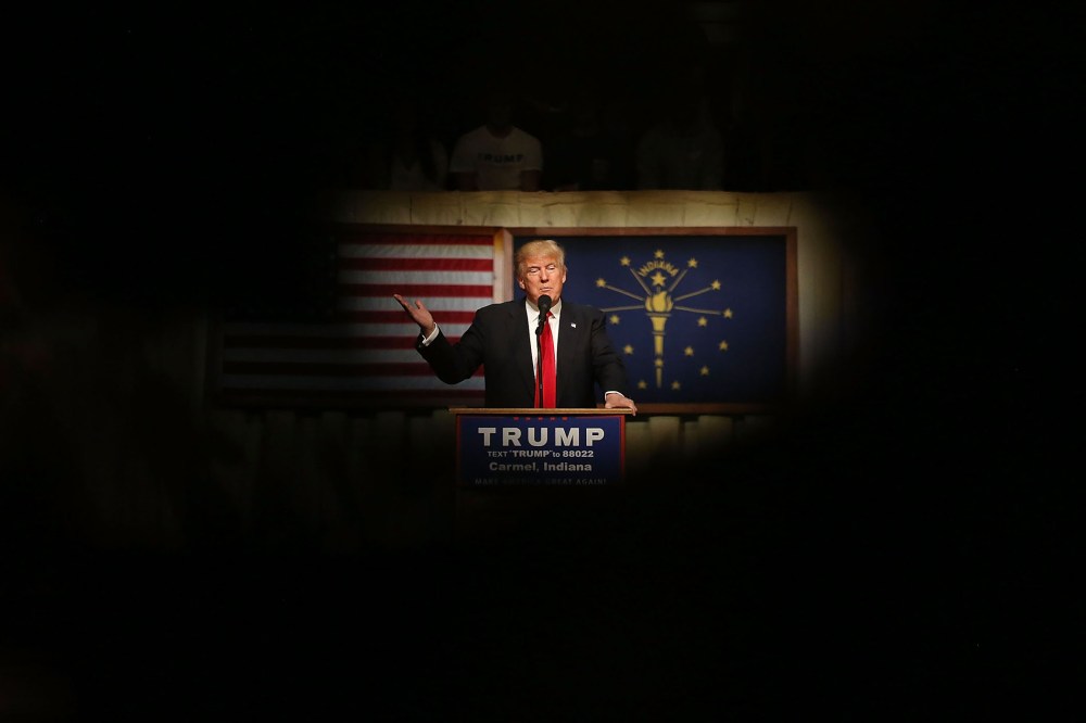Republican presidential candidate Donald Trump speaks during a campaign stop at the Palladium at the Center for the Performing Arts on May 2, 2016 in Carmel, Ind. (Photo by Joe Raedle/Getty)